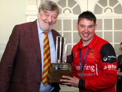 Pictured- Steven Fry presents the winners trophy to the Army.

The UKAF Inter-Services T20 is a triangular Twenty20 tournament involving all 3 armed forces who play for the Inter-Services T20 Trophy. First held in 2005 at the Army Cricket Ground at Aldershot, this will be the 18th year that the tournament has been held.

Each of the Armed Forces senior XIs play two Twenty20 games in the Inter-Services T20 tournament. The first of these matches will take place on 5 May at Portsmouth. The remaining matches take place at the Armed Forces Cricket Day at Lord’s on 10 May.

Armed Forces Cricket Day also includes the MCC v UKAFCA Women‘s fixture.

The men’s teams play for the honour of being crowned the UKAF Inter-Services T20 Champions. This tournament is one of five Inter-Services tournaments that are played throughout the season.
A post-tournament presentation will be held approximately 15 minutes after the conclusion of the last match when the respective trophies and awards will be presented by the President of MCC.